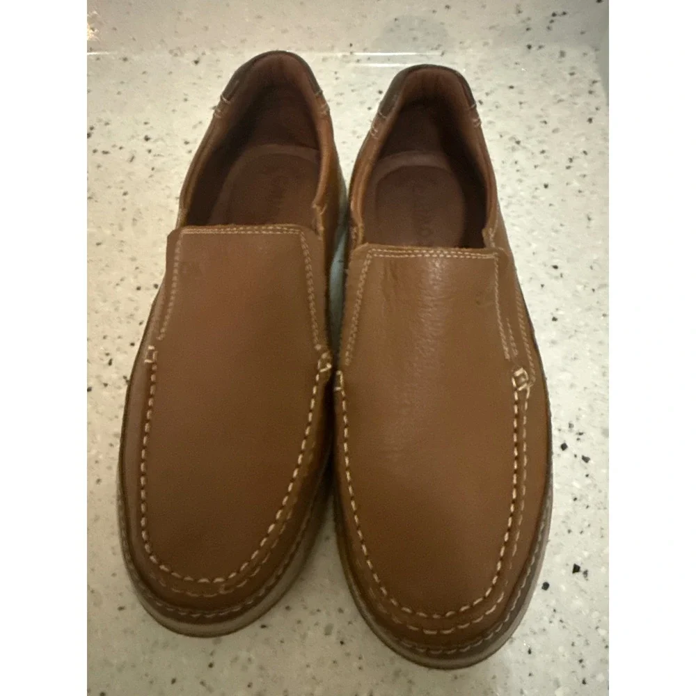 Calimod Mens Tan Brown Leather Slip On Loafers Moc Toe Shoes Size 9